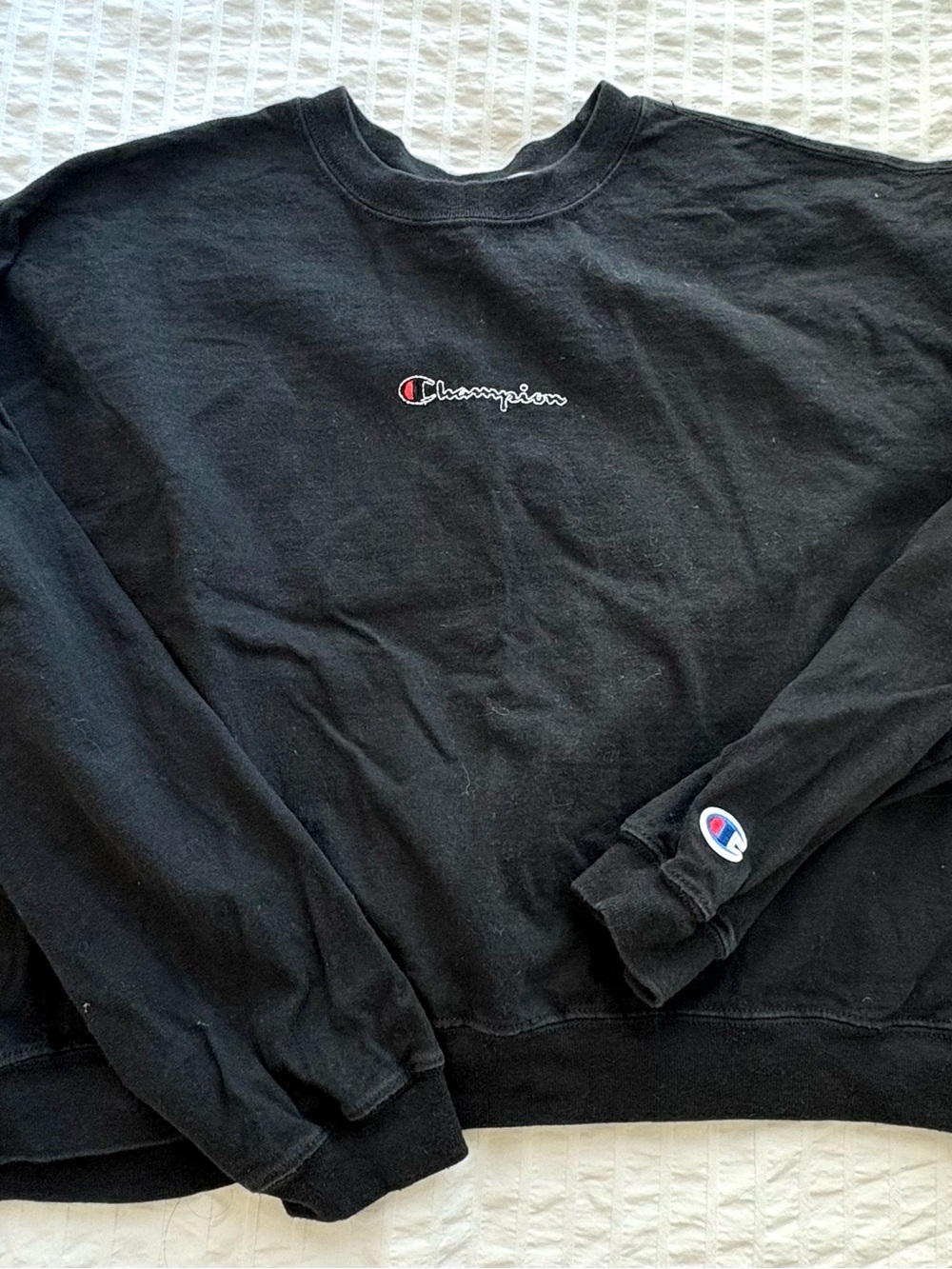 Champion Black Crewneck with Script Logo and Sleeve Patch